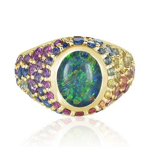 Rainbow Sapphire Dome Ring Australian Black Opal Ring Colorful Natural Sapphire 3.5 Carats 18K 14K Yellow Gold Ring R3044-YG