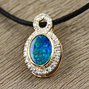 Art Deco Opal Diamond Pendant 14K Gold Infinity Halo Vintage Necklace Australian Opal Artisan Jewelry
