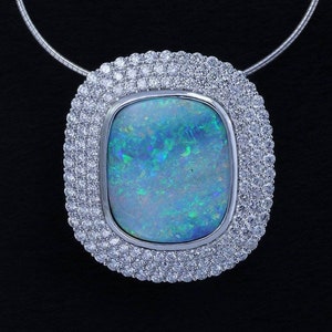 18K White Gold Designer Opal and Diamond Halo Pendant Necklace Australian Opal Artisan Jewelry P1862