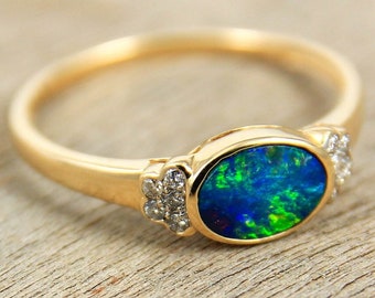 Australian Black Opal Engagement Ring, Unique Promise Rings for Her, Genuine Diamonds & 7x5mm Opal Doublet in 14K or 18K Solid Gold Ring