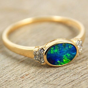 Australian Black Opal Engagement Ring, Unique Promise Rings for Her, Genuine Diamonds & 7x5mm Opal Doublet in 14K or 18K Solid Gold Ring
