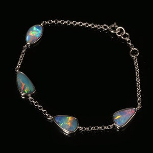 Australian Opal Chain Bracelet Silver Pastel Blue Pink Fire Opal Doublets 4.81 Carat 3.98 Grams BRC1996-925