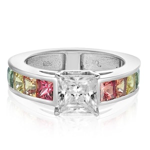 Rainbow Engagement Ring 14K White Gold 6.5mm Princess Centre Rainbow Band Channel Set Top Quality R3049-WG