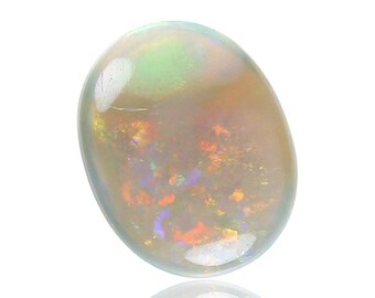 May include: A white opal gemstone with a light green, orange, and purple iridescent sheen.