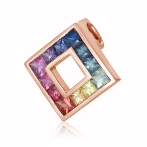 RAINBOW SQUARE Charm in Rose Gold Princess Cut Sapphire 0.75 Carat Pendant Gold Plated Necklace Essential Business Casual Jewelry P436-RG