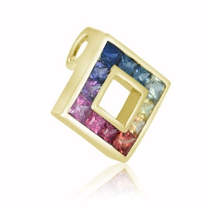 18K Yellow Gold 0.75 Carat Sapphire Princess Cut Charm Pendant Necklace Rainbow Square Work Wardrobe Essential Jewelry P436-18KYG