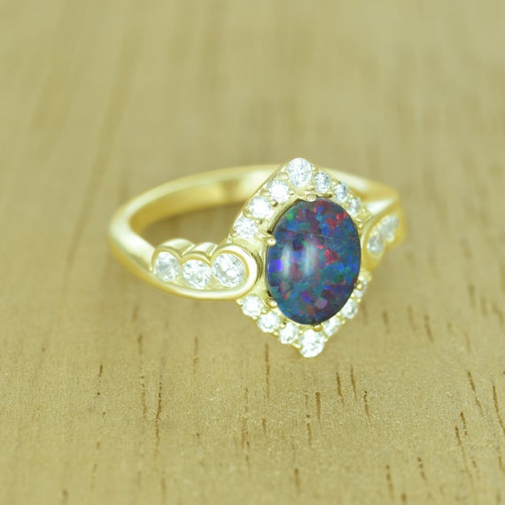 Black Opal Engagement Ring for Women 14K 18K Gold Antique Buddhist Art Halo Diamonds R2263