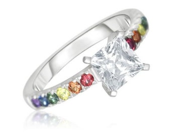 Rainbow Sapphire Ring with Diamond Centre in 14K White Gold Wedding Ring Mid-Century