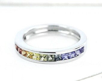 Instock Now, Rainbow Sapphire Unisex Engagement Ring Ready to Ship, Multicolor Half Eternity Wedding Band