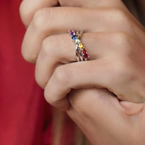 14K White Gold Rainbow Sapphire Crossover Ring 1.43ct Natural