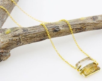 Rectangle Quartz Necklace 14K Gold Vermeil – 36.5ct Crystal, Adjustable Handmade Boho Statement Jewelry CP177