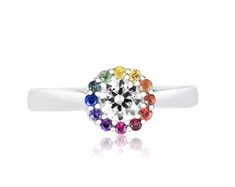 Sunflower in Rainbow Sapphire Minimal Halo Ring Size 5.5 US only Ready to Ship Fashion Ring Silver Band SKU: R1-395