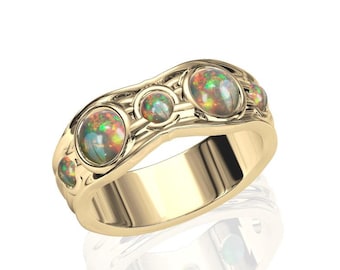 18K 14K Gold Mens Ring Five Opals Ring Mens Wedding Band Opal Engagement Ring Triplet 5 MultiStone Ring Round Cut R2240