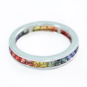 INSTOCK Rainbow Sapphire Stacking Ring in Silver 4 Carat Gemstone 2.5mm Princess cut Eternity Band