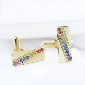 14K Yellow Gold Cufflinks Rainbow Sapphire cufflinks for groomsmen SKU: C001
