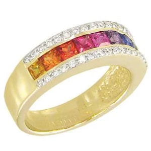 Channel Set Multicolor Saphir und Diamant Ring, Statement Halb Eternity Ring mit Diamanten in 18K Gelbgold (2.3ct tw)