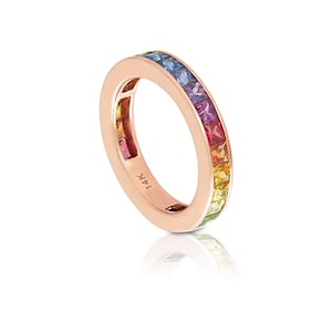 14K Rose Gold Sapphire Stacking Ring, Sapphire Eternity Band Women, Natural Sapphire Ring Gold 3 Carat