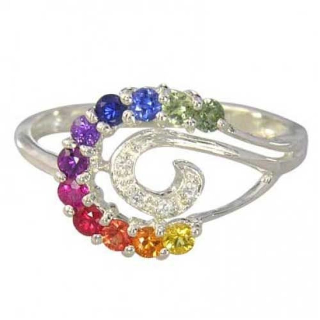 Diamond Swirl Rainbow Sapphire Vintage Fashion Ring, Modern Silver