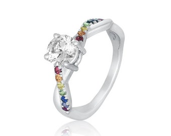 Simulated Diamond Wedding Ring Natural Rainbow Sapphire Ring in 925 Sterling Silver Band SKU: R3034