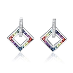 Rainbow Square Sapphire Earring for woman Ready to Ship in Silver Rhodium SKU: E3027