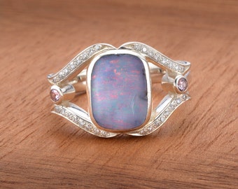 Pastel Boulder Opal Ring with Pink Sapphire and Diamonds in 925 Sterling Silver Ring Size 7 US Ready To Ship R1977A112