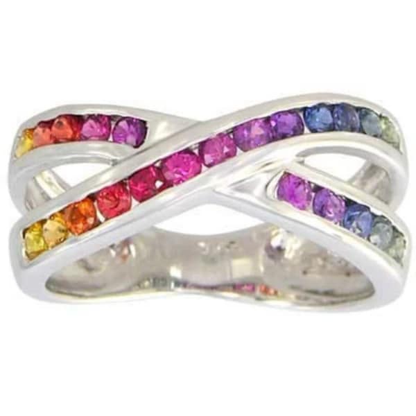 Saphir-Criss-Cross-Ring (1,2 ct tw), mehrfarbiger Regenbogen-Saphir-Spezialring aus 14 Karat Weißgold