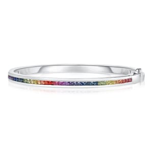 Sapphire Bracelet White Rainbow Unicorn in 14K 18K White Gold Solid Gold Bangle Bracelet Wedding Anniversary Princess 2.0mm  B3/212-WG