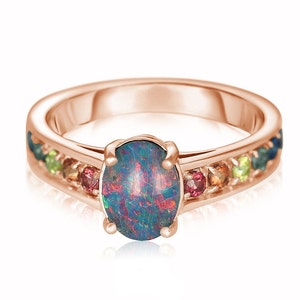 Rainbow Sapphire & Black Opal Center Ring in 18K Rose Gold