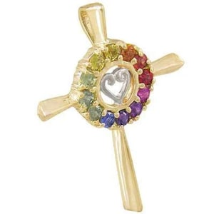 Multicolor Rainbow Sapphire Heart Crucifix Religious Pendant 18K Yellow Gold (0.6ct tw) SKU: P1573-18K-Yg