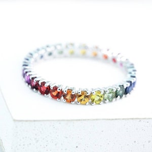 Rainbow Eternity Sapphire Ring Prong Set Boho Ring in Sterling Silver Stack Ring 2.14 Carats Midi Pinky Ring R1915-925