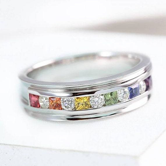 Rainbow Sapphire Ring Men Gemstone Made Ring Multicolor Rainbow Band  Sterling Silver Modern Ring R2126-925