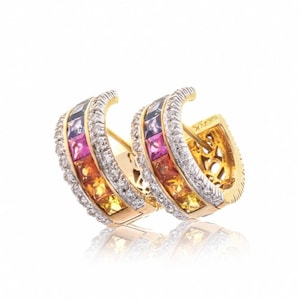 Best ANNIVERSARY GIFT Multicolor Sapphire Huggie Hoop Earrings with Pave Diamond 14K Gold Earrings (3.04ct tw) SKU: 21070