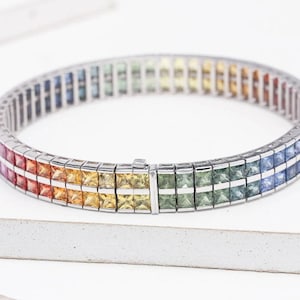 Natural Sapphire Bracelet, 18K White Gold Tennis Bracelet (19ct tw), Elegant Two Row Rainbow Sapphire Bracelet for Women SKU: BRC439-18K-WG