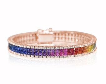 Roségold-Tennisarmband 25 Karat Natürliche Saphire und Diamanten Jenseits von Luxusschmuck, Regenbogen Edelsteinen BRC471-14K-RG