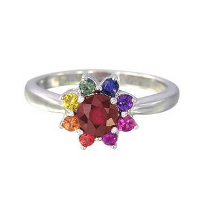 Rainbow Flower Multicolor Promise ring for her, Unusual Sapphire flower ring 14K White Gold