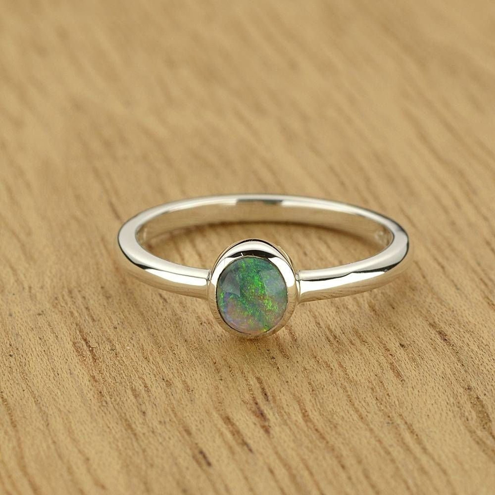 Australian Opal Stack Ring Silver Bezel Set Midi Ring 4.5US Vivid Green ...