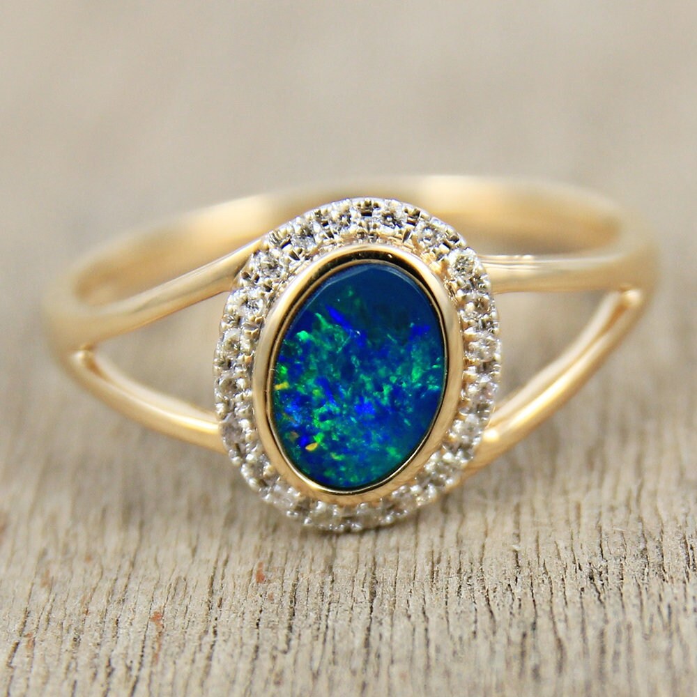 Black Opal Engagement Ring Halo Diamond Split Shank 14K Yellow Gold Australian Artisan Size 7 US only Instock R2138-14KYG