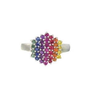 Multicolor Promise ring for her, Unusual Sapphire flower ring 14K White Gold