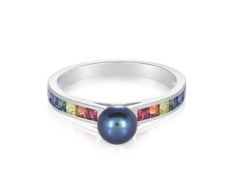 Sterling Silver Tahitian Pearl Ring Rainbow Sapphire 2mm Princess Artisan Jewelry R3046-925
