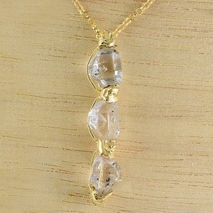 TRIPLE Herkimer Diamond Quartz Necklace Crystal 15 Carats 10K Gold Pendant 10K Vermeil Chain 24 inch Aura Necklace