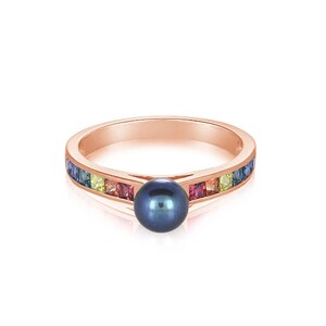 14K Rose Gold Tahitian Pearl Ring Rainbow Band Natural Princess Sapphire 2mm 1 Carat Birthday Gift for Her R3046-RG