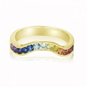 Rainbow Sapphire CHEVRON 2.0mm Ring Engagement Wedding Ring in 14K 18K Yellow Gold Solid Gold Ring SKU: R023Am-YG