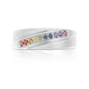 14K White Gold Mens Ring Pave Sapphire Band Solid Gold Wedding Band Mens Ring R1456-WG