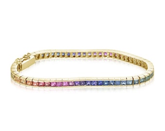 Luxury Tennis Bracelet 18K Yellow Gold 10 Carat Heirloom Jewelry, Princess Cut Rainbow Sapphire Bracelet for Favorite Person BRC228-PR-18KYG