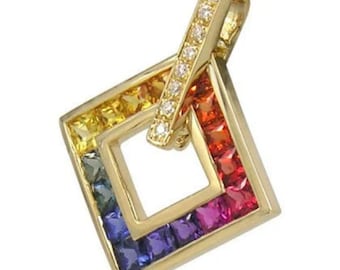 Rainbow Sapphire & Diamond Square Pendant | 1.37ct Total | 18K Yellow Gold Luxury Necklace | P431-18K-Yg