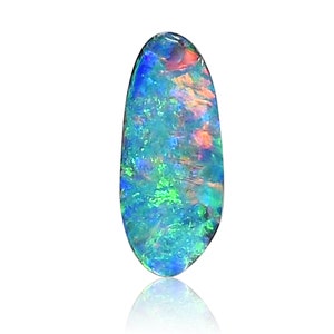 May include: A teardrop-shaped opal gemstone with a blue, green, and red iridescent sheen.