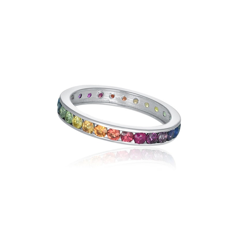 Sapphire Eternity Band Ring 925 Sterling Silver, Natural Gemstone Rainbow Band, Round Cut 2mm Gradual Color image 1