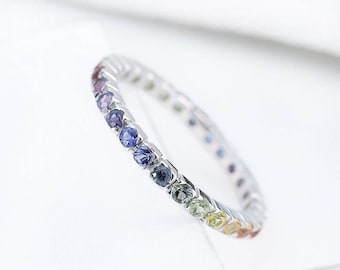 Rainbow Sapphire Ring Multicolor Eternity Sterling Silver Boho Ring Elven Ring Ready to Ship Size 6 US only Birthday Gifts R1842-925