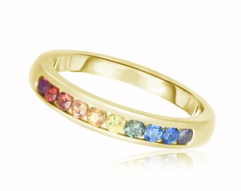 Gold Rainbow Sapphire Ring Unisex Wedding Band 14K 18K 2.0mm Round Cut Top Selling Sapphire Jewelry