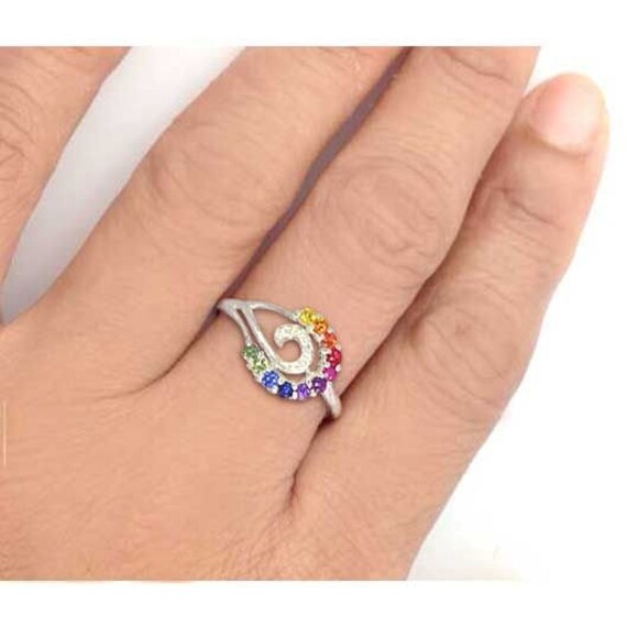Diamond Swirl Rainbow Sapphire Vintage Fashion Ring, Modern Silver